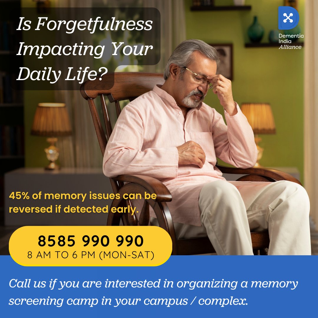 DIA_dementia's tweet photo. 🧠 Is forgetfulness affecting you or your loved ones? Take action today!
Our FREE Memory Screening Camp is the first step towards better cognitive health.
📞 Call +91 8585 990 990 to schedule a free Memory Screening camp in your campus / complex.
#MemoryScreening #BrainHealth https://t.co/HzA7FxZi4q