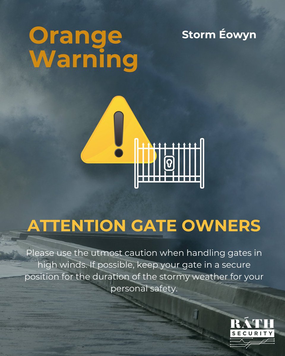 rathsecurityltd's tweet photo. Automated gates can pose high risk during strong winds due to their size, weight, and susceptibility to external forces.  Strong winds can exert excessive force on gates, damaging motors, hinges, or tracks. A damaged gate poses risk of injury. Please use caution! #StormEowyn https://t.co/3WCGk1FHzH