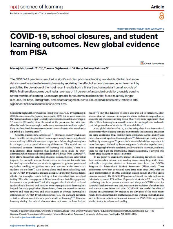 Harry A. Patrinos (@hpatrinos) on Twitter photo Just published in nature Science of Learning: COVID-19, school closures, and student learning outcomes. New global evidence from PISA
with <a href="/JakubowskiEvid/">Maciej Jakubowski</a> <a href="/TGajderowicz/">Tomasz Gajderowicz</a>
nature.com/articles/s4153… Just published in nature Science of Learning: COVID-19, school closures, and student learning outcomes. New global evidence from PISA
with <a href="/JakubowskiEvid/">Maciej Jakubowski</a> <a href="/TGajderowicz/">Tomasz Gajderowicz</a>
nature.com/articles/s4153…