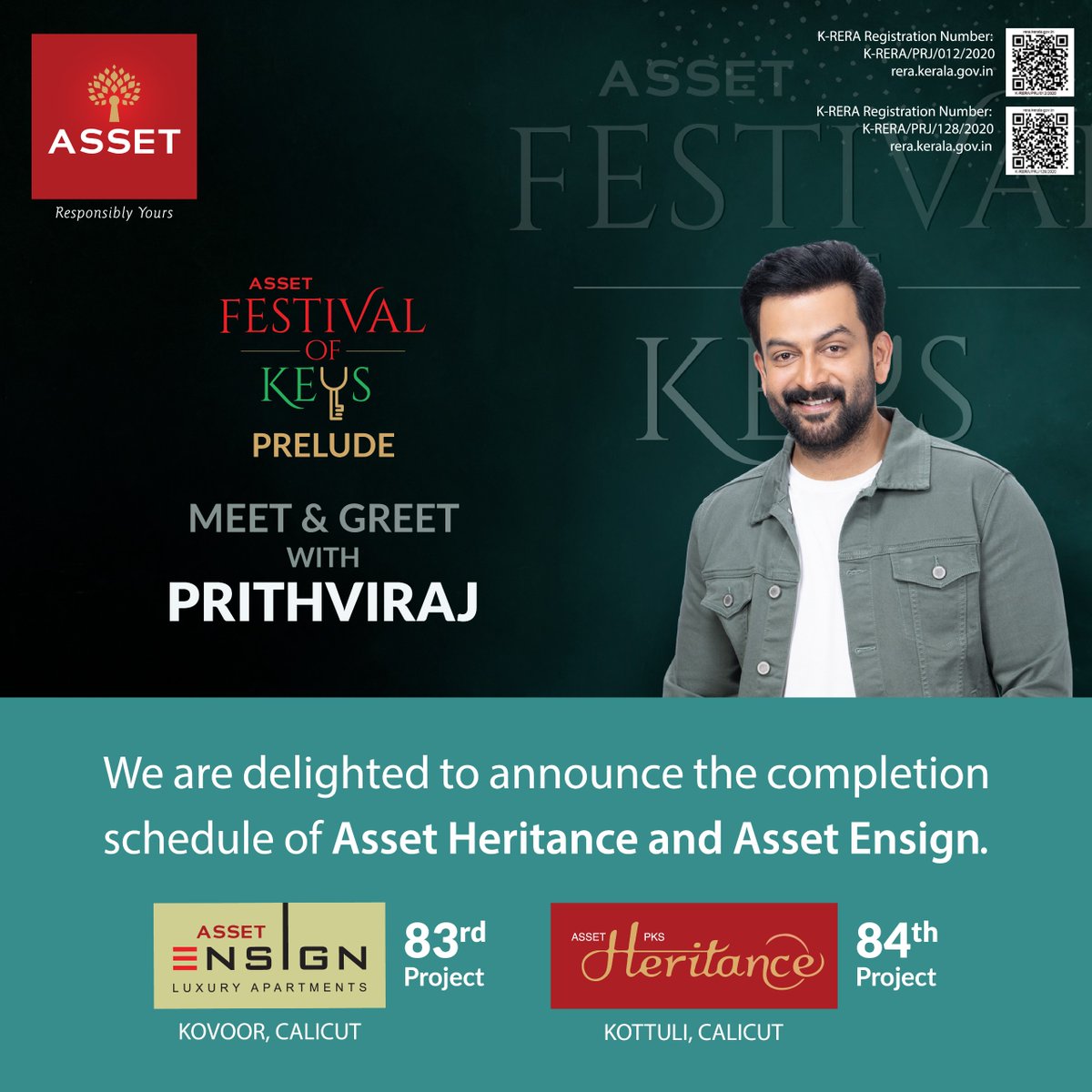 AssetHomes_123's tweet photo. We're excited to announce the completion schedule of Asset Ensign (83rd) &amp; Asset Heritance (84th) in Calicut! Join us for a Meet &amp; Greet with Prithviraj Sukumaran at the Festival of Keys. Thanks for being part of our journey!

#AssetHomes #PrithvirajSukumaran #CalicutProjects https://t.co/XQpPwLPfV4