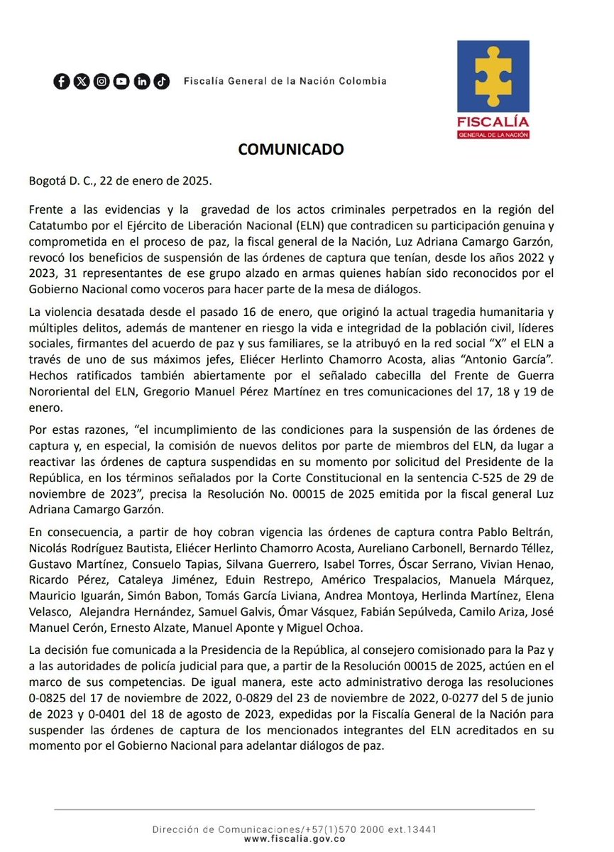#Atentos <a href="/FiscaliaCol/">Fiscalía Colombia</a> revoca suspensión de órdenes de captura de los líderes del #Eln. La decisión se funda por los últimos hechos de violencia en el Catatumbo. 👇👇