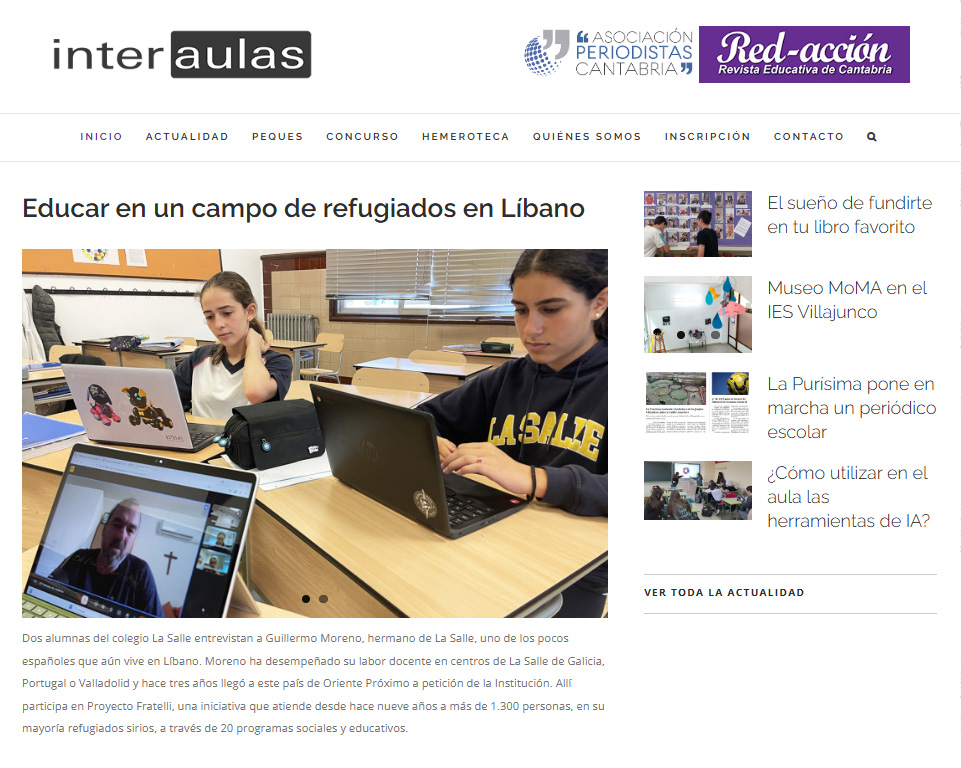Proyecto InterAulas (@interaulas) on Twitter photo Últimos artículos de los reporteros escolares publicados en la revista @interaulas:
➡️Entrevista con un hno. de <a href="/LaSalleSdr/">La Salle Santander</a> en Líbano
➡️'Bookface' en <a href="/IESAPico/">IES Alberto Pico</a>
➡️Museo MoMa en <a href="/ies_villajunco/">IES VILLAJUNCO</a>
➡️Periódico escolar en <a href="/CCPurisima/">PURÍSIMA CONCEPCIÓN</a>
➡️IA en <a href="/IES_Cantabria/">IES Cantabria</a>
interaulas.org Últimos artículos de los reporteros escolares publicados en la revista @interaulas:
➡️Entrevista con un hno. de <a href="/LaSalleSdr/">La Salle Santander</a> en Líbano
➡️'Bookface' en <a href="/IESAPico/">IES Alberto Pico</a>
➡️Museo MoMa en <a href="/ies_villajunco/">IES VILLAJUNCO</a>
➡️Periódico escolar en <a href="/CCPurisima/">PURÍSIMA CONCEPCIÓN</a>
➡️IA en <a href="/IES_Cantabria/">IES Cantabria</a>
interaulas.org