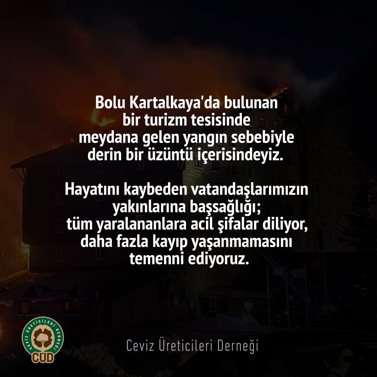 Bolu Kartalkaya'da bulunan turizm tesisinde meydana gelen #yangın sebebiyle derin bir üzüntü içerisindeyiz.
Hayatını kaybeden vatandaşlarımızın yakınlarına başsağlığı; tüm yaralılara acil şifalar diliyor, daha fazla kayıp yaşanmamasını temenni ediyoruz.
Ceviz Üreticileri Derneği