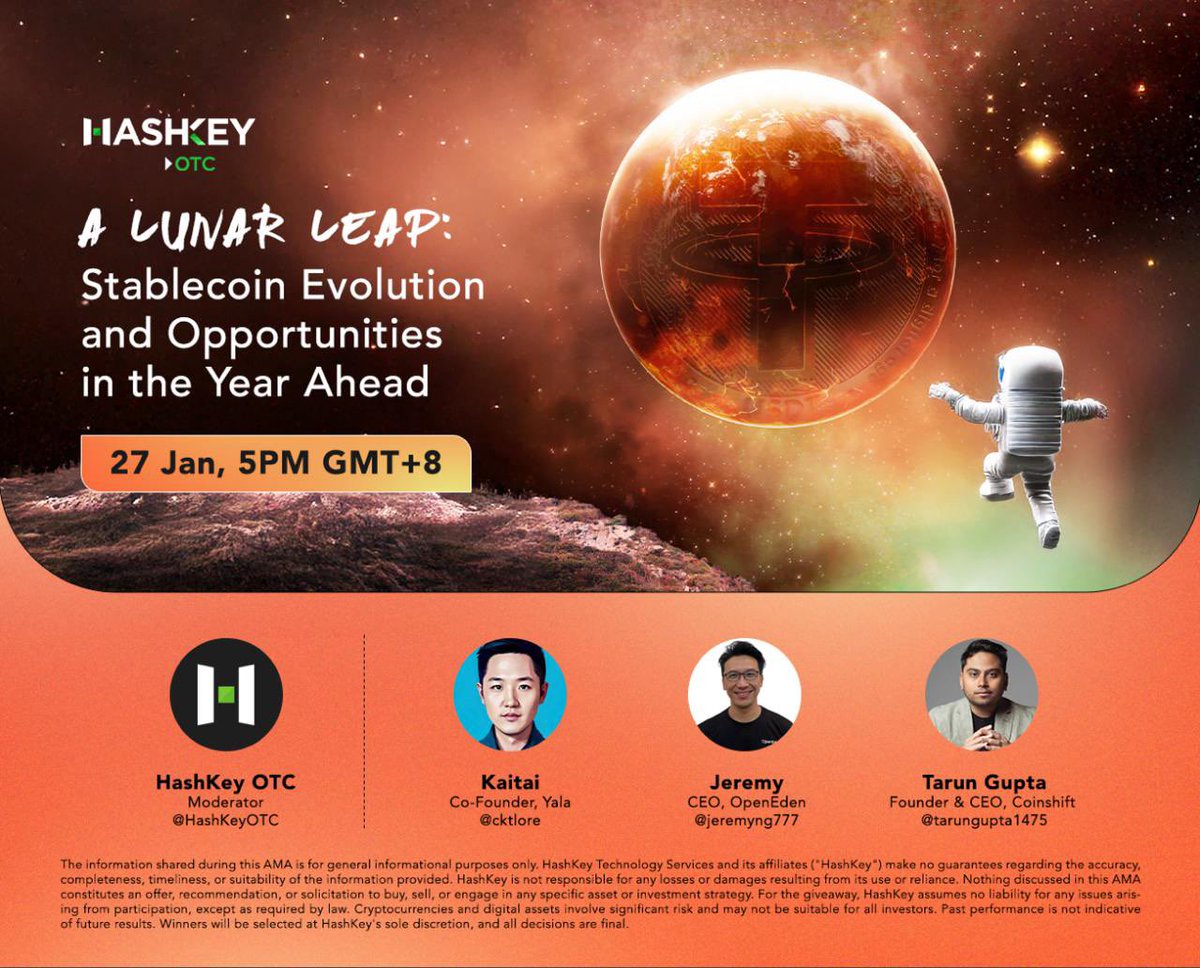 HashKeyOTC's tweet photo. 🔥 Who’s cookin’? We are! Mark your calendars for HashKey OTC’s AMA on #Stablecoins! 🗣

🎉 Celebrate the lunar new year with us as we dive into all things to do with stablecoins 🪙, its future prospects, and opportunities! 

‼️ RSVP Now! 👉🏻 https://t.co/qisUh8dbo1

🔵 @cktlore from @yalaorg
 
🔵 @jeremyng777 from @OpenEden_Labs
 
🔵 @tarungupta1475 from @0xCoinshift

🗓 27 January, Monday 
⏰ 5pm (GMT+8) 

🎁 To ring in the lunar new year, we’ve organized an exciting USDT giveaway to our listeners! 
To qualify, simply: 

1️⃣ Follow @HashKeyOTC on X; 
1️⃣ RT and Like this post;
2️⃣ Tell us what your favorite stablecoin is and why, with the hashtag #HashKeyOTC

🔥 Best responses will be selected to share in our USDT prize pool, winners to be announced during the AMA! 

See you there 😁🫵🏻