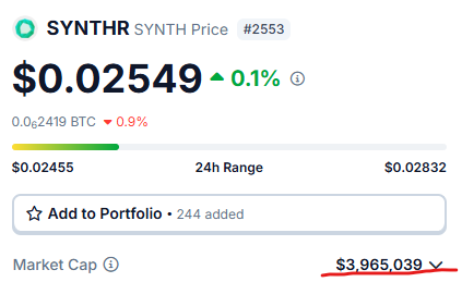 $ONDO - a leading #RWA project with a $4.16B market cap
$SNX - a  synthetic assets protocol sitting at $579M market cap

Now, meet <a href="/synthr_io/">SYNTHR</a> $SYNTH - Combining the power of #RWA and synthetic assets, yet sitting at just a $4M market cap.

Undervalued or hidden gem?