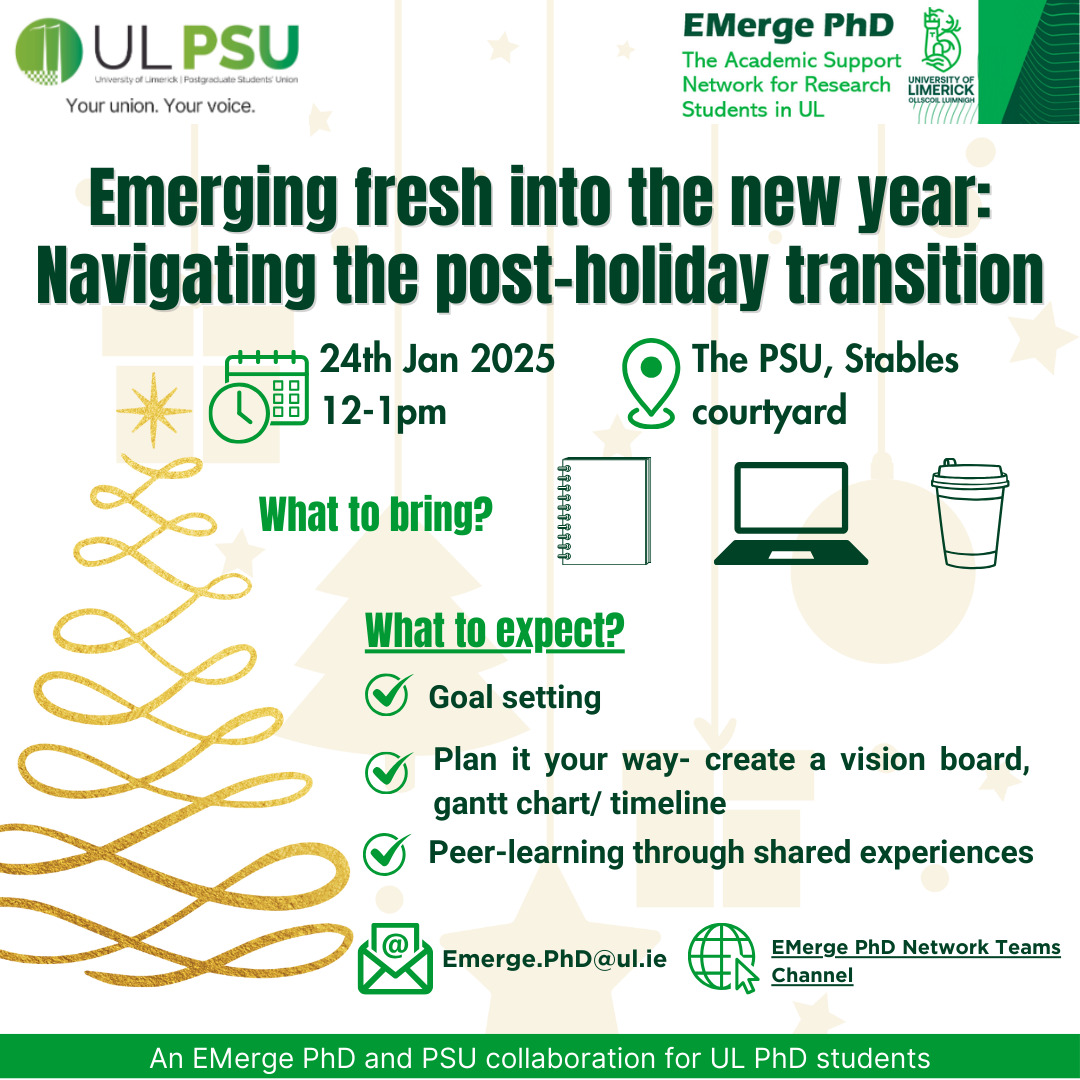 ULPSU (@ulpsu) on Twitter photo Hello <a href="/UL/">University Of Limerick</a> PhDs, join us for an inspiring event from the EMerge PhD group - Navigating the Post-Holiday Transition.
We will focus on goal setting, plan making, and peer-learning to help you feel prepared and motivated. Bring your laptop, a notebook and travel mug! <a href="/DocCollegeUL/">University of Limerick Doctoral College</a> Hello <a href="/UL/">University Of Limerick</a> PhDs, join us for an inspiring event from the EMerge PhD group - Navigating the Post-Holiday Transition.
We will focus on goal setting, plan making, and peer-learning to help you feel prepared and motivated. Bring your laptop, a notebook and travel mug! <a href="/DocCollegeUL/">University of Limerick Doctoral College</a>