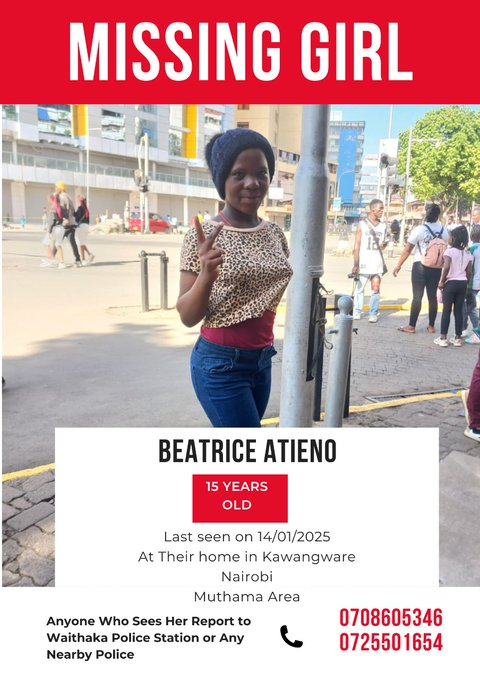 🚨 MISSING CHILD ALERT 🚨

Name: Beatrice Atieno (Betty)
Last Seen: January 14th
Description: Likes to wear a marvin.
Location: Last seen in Muthama area.

Contact Information on the poster.