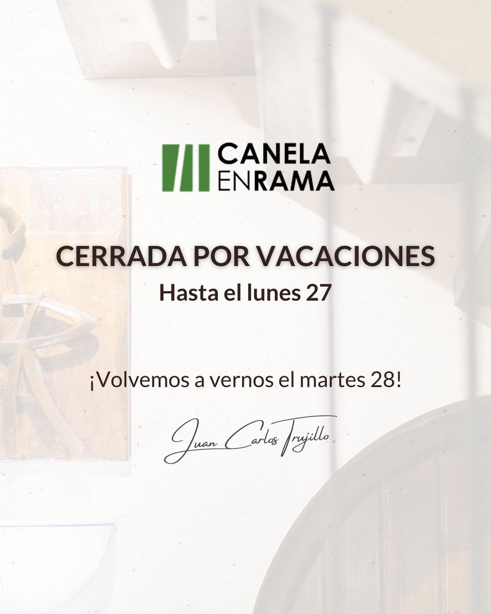 Nos tomamos unos días de descanso. 🍴 Cerrados en #Linares desde hoy hasta el lunes 27 de enero.

¡Volvemos el martes 28 con nuevas ilusiones! ¡Gracias por tanto calor!
juancarlostrujillo.com

#canelaenrama #gastronomia #menudegustacion #Linares #latradicioncomopuntodepartida