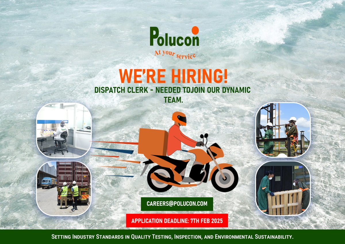 Polucon Group (@polucongroup) on Twitter photo π We're hiring! Join Polucon as a Dispatch Clerk in Nairobi! Help us maintain high standards in delivery, collection, and quality service. Apply by 7th Feb 2025 at careers@polucon.com.
#JobOpening #KenyaJobs #DispatchClerk #Logistics π We're hiring! Join Polucon as a Dispatch Clerk in Nairobi! Help us maintain high standards in delivery, collection, and quality service. Apply by 7th Feb 2025 at careers@polucon.com.
#JobOpening #KenyaJobs #DispatchClerk #Logistics