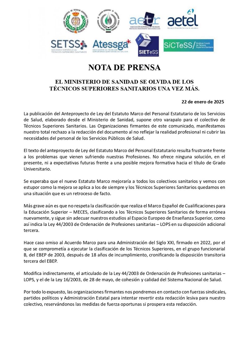 ❗El Ministerio de Sanidad se olvida de los Técnicos Superiores Sanitarios ❗

🔹Manifestamos nuestro total rechazo a la redacción del documento al no reflejar la realidad profesional ni cubrir las necesidades del personal de los Servicios Públicos de Salud👇