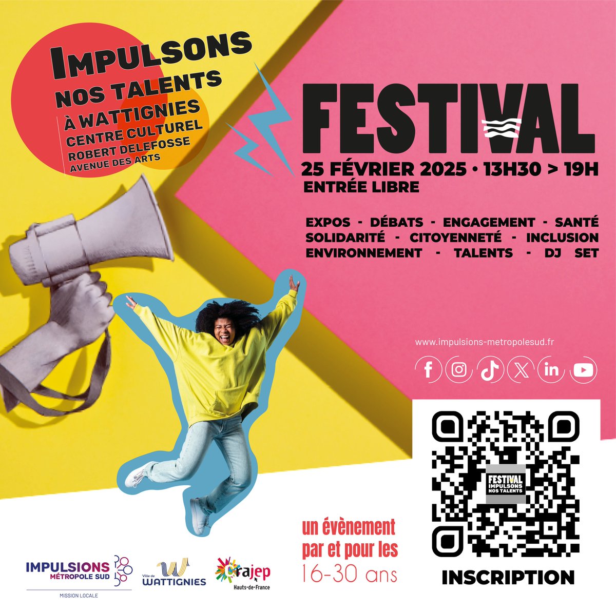 👉IMPULSONS NOS TALENTS ➡ c'est LE festival engagé auquel tu vas adorer participer !

RDV le 📅 25.02 à Wattignies [centre culturel R.Delefosse] dès 13h30 !

Toutes les infos à connaître sur l'évènement : fb.me/e/5UyhGdUOj

#festival #jeune #MissionLocale #wattignies