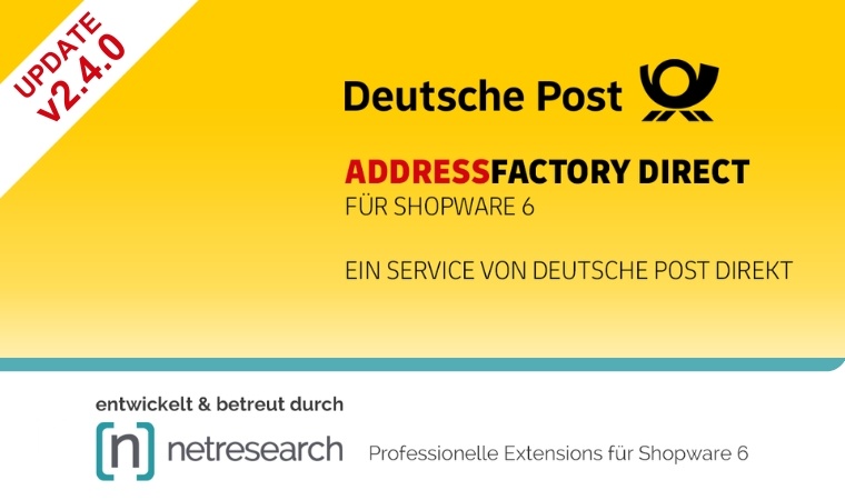 netresearch (@netresearch) on Twitter photo 📣 Version 2.4.0 der <a href="/DeutschePostDHL/">Deutsche Post und DHL News</a> ADDRESSFACTORY DIRECT #Extension für #Shopware 6.6.8 ist ab sofort verfügbar.
➡️ Jetzt downloaden:
Shopware #Community Store: 🔗 hubs.ly/Q033tR2c0
#GitHub: 🔗 hubs.ly/Q033t_2S0
ℹ️ entwickelt und betreut durch #Netresearch 📣 Version 2.4.0 der <a href="/DeutschePostDHL/">Deutsche Post und DHL News</a> ADDRESSFACTORY DIRECT #Extension für #Shopware 6.6.8 ist ab sofort verfügbar.
➡️ Jetzt downloaden:
Shopware #Community Store: 🔗 hubs.ly/Q033tR2c0
#GitHub: 🔗 hubs.ly/Q033t_2S0
ℹ️ entwickelt und betreut durch #Netresearch