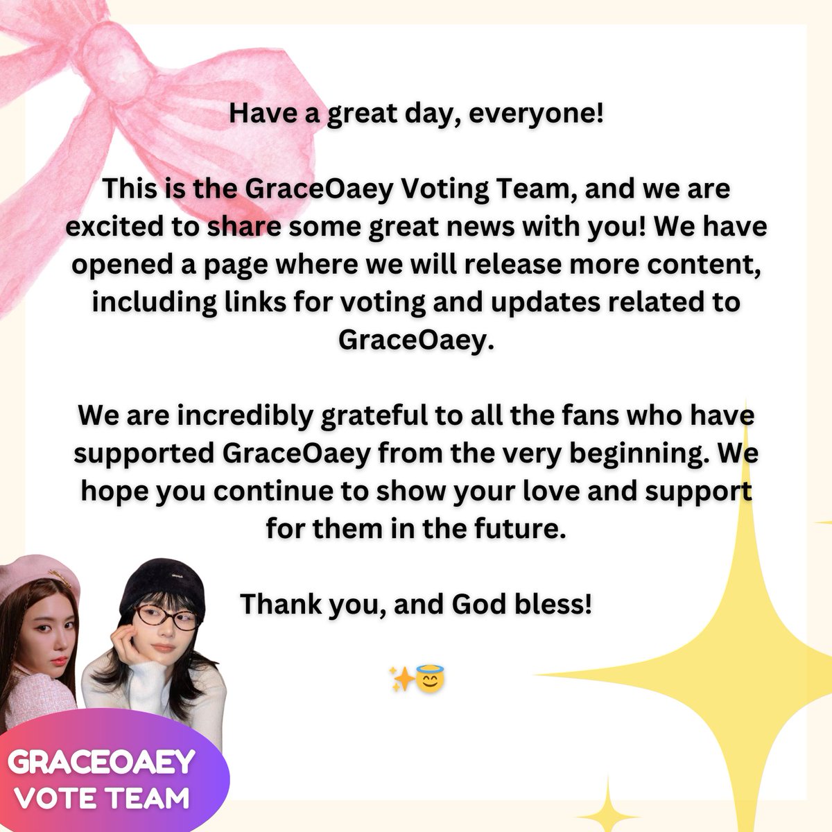 GO_VOTETEAM's tweet photo. Hello Puenraks! This is our new account for #GraceOaey Vote Team. Please follow us for more updates about Votings and Promotion for GO.

#MateTheSeries #Gracebudsarin #Oaeyponchanok #PuenRakFandom https://t.co/iQb2SOfY9U