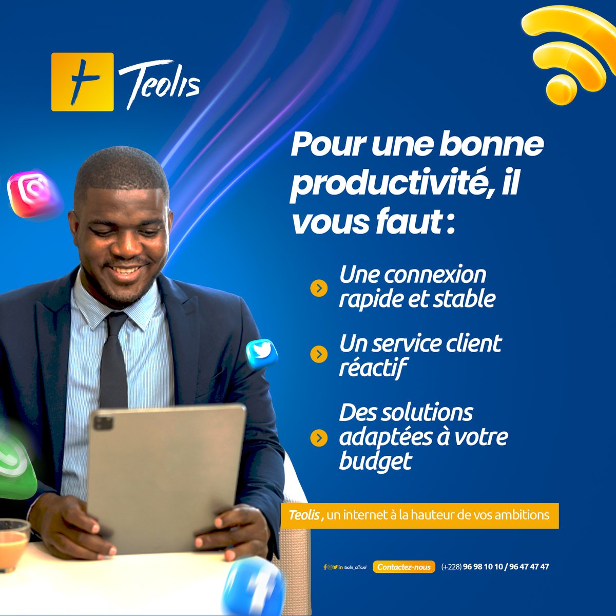 TEOLIS_Officiel's tweet photo. 💡 Une productivité maximale commence avec une connexion fiable.
💻 Faites confiance à Teolis pour un Internet à la hauteur de vos ambitions !
📞 Contactez-nous : 96 98 10 10 / 96 47 47 47
#Teolis #InternetRapide #ConnexionsFiables #Ménage #Entreprise #TgTwittos https://t.co/kiNiX9wCek