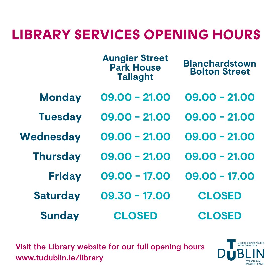 Semester 2 is fast approaching and the Library is here for all your study needs.
Don't forget you can use any of our 5 Libraries with your TU Dublin ID.
To keep up to date with opening hours visit:
tudublin.ie/library/locati…

#WeAreTUDublin