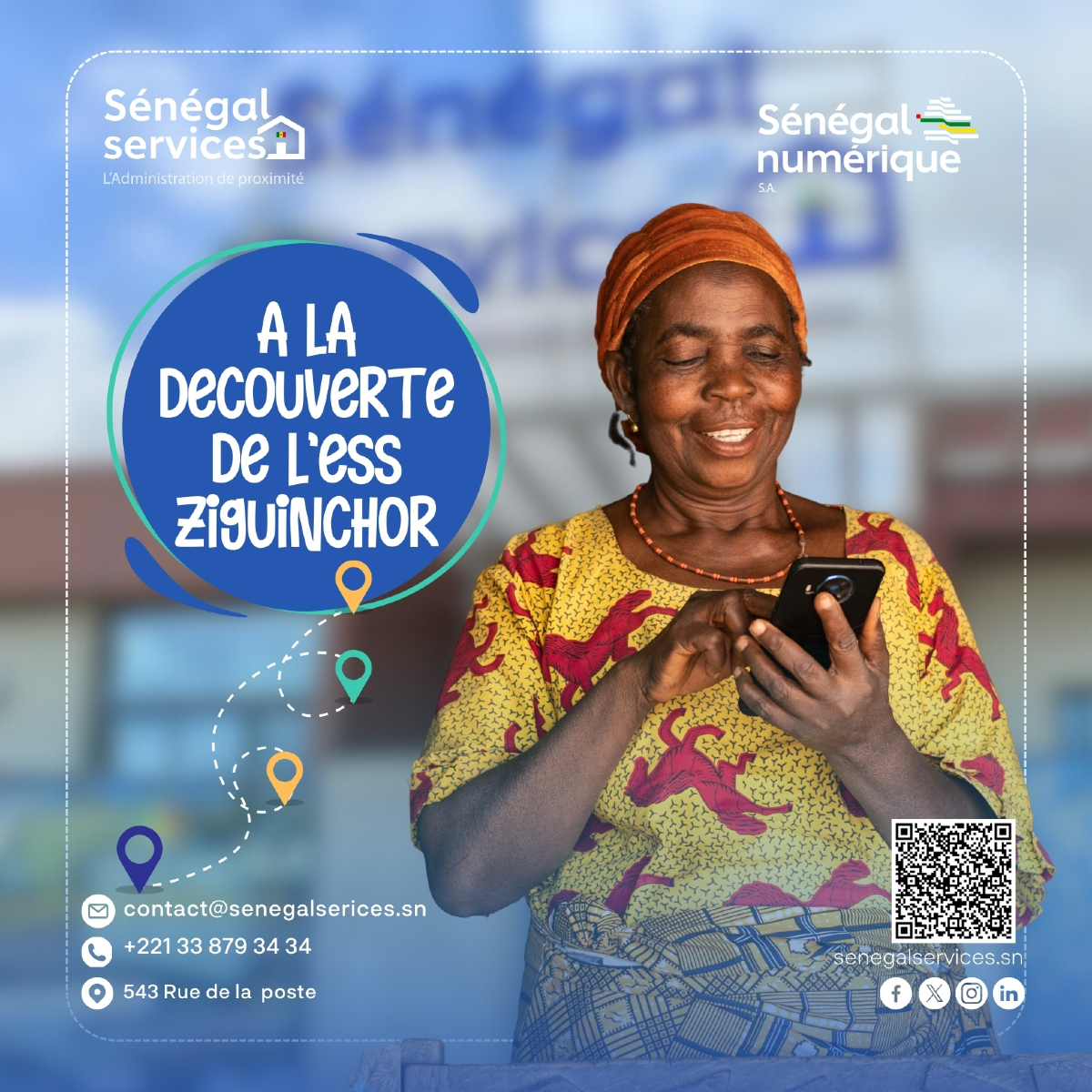 Bienvenue à l’Espace Sénégal Services de Ziguinchor !

Profitez d’un service professionnel et chaleureux :

✅ Accompagnement personnalisé

✅ Services administratifs regroupés (état civil, emploi, création d'entreprise, etc.)

✅ Formations sur les métiers du numérique et de