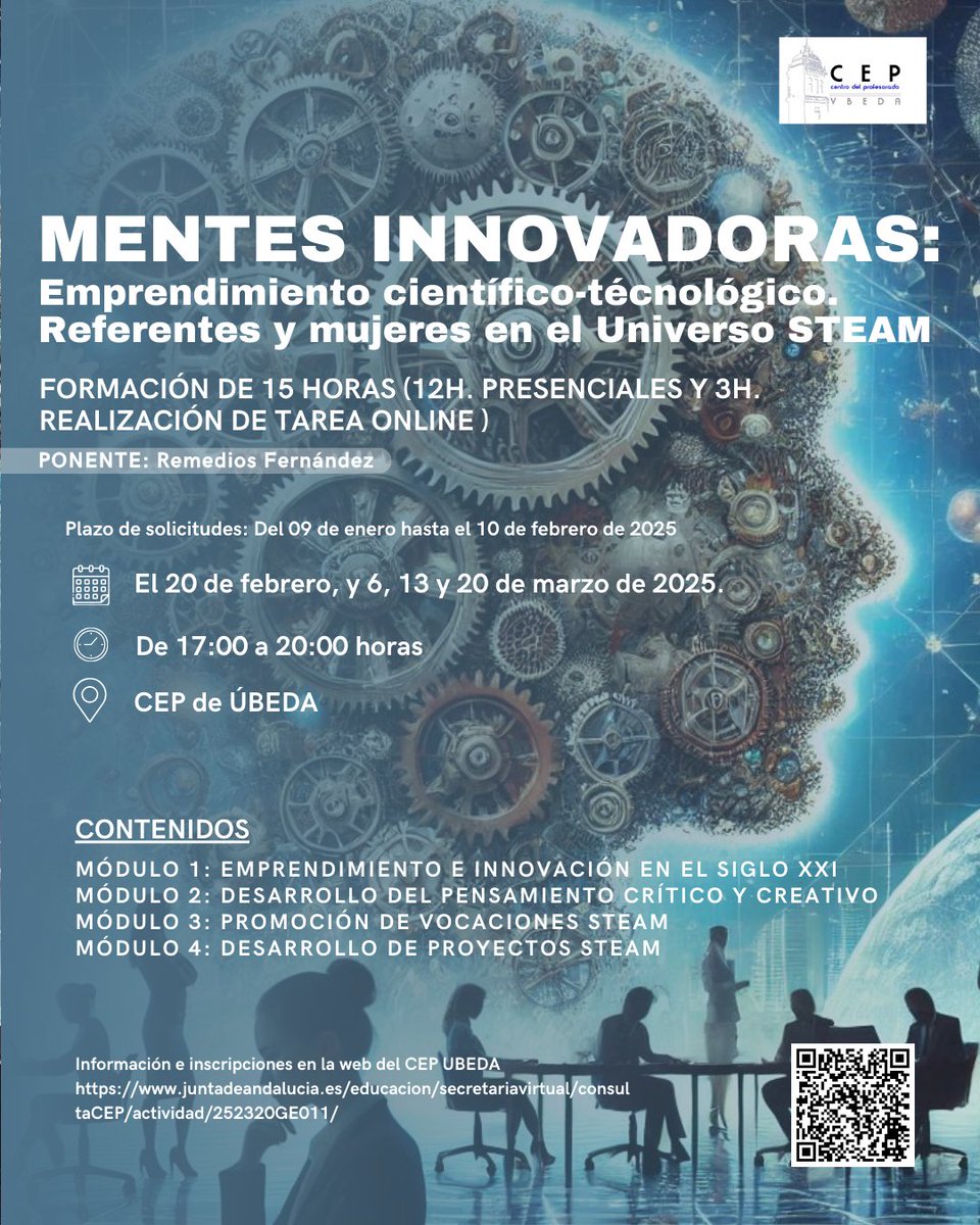 RemediosFdez's tweet photo. 🙋‍♀️¡Ya te puedes inscribir al curso ' Mentes emprendedoras: empoderamiento y vocación científica. Mujeres innovadoras en el Universo STEAM'! 

👩‍💻Curso semipresencial, y dirigido a docentes de primaria y secundaria del @cepdeubeda. 

Info: https://t.co/dwRue31iBL
#vocacionesSTEAM https://t.co/Fddk7SUIzT