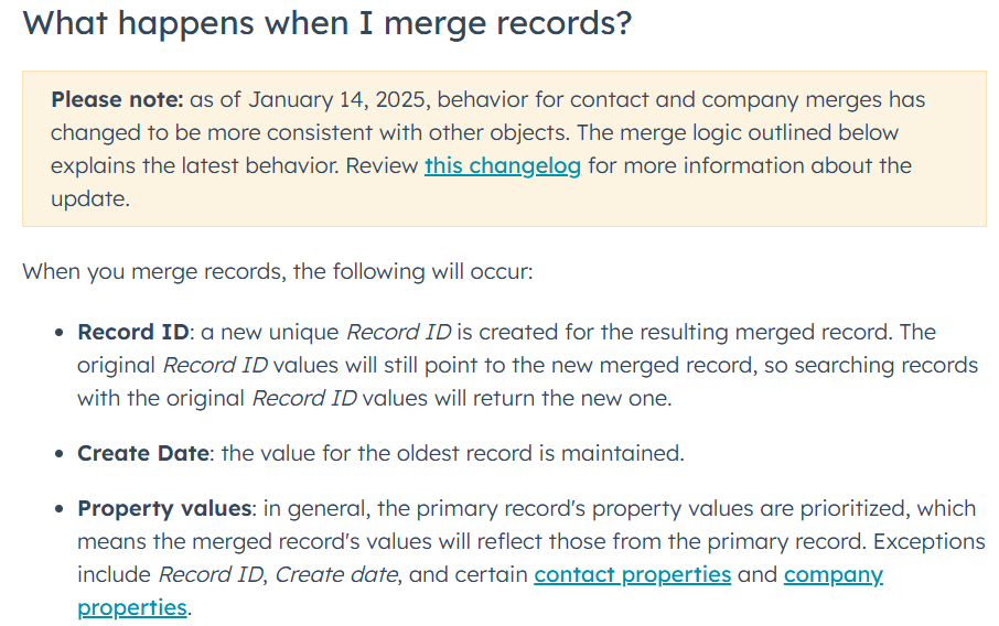 🚨 HubSpot Update: Merges Changed! 
A new record is now created for every merge

Takeaways:
🔧 New record IDs can break integrations.
🐢 Bulk merges are slower—primary duplicates must be recalculated.
🔄 Refresh pages to see merged records.

This could open doors for unmerging!
