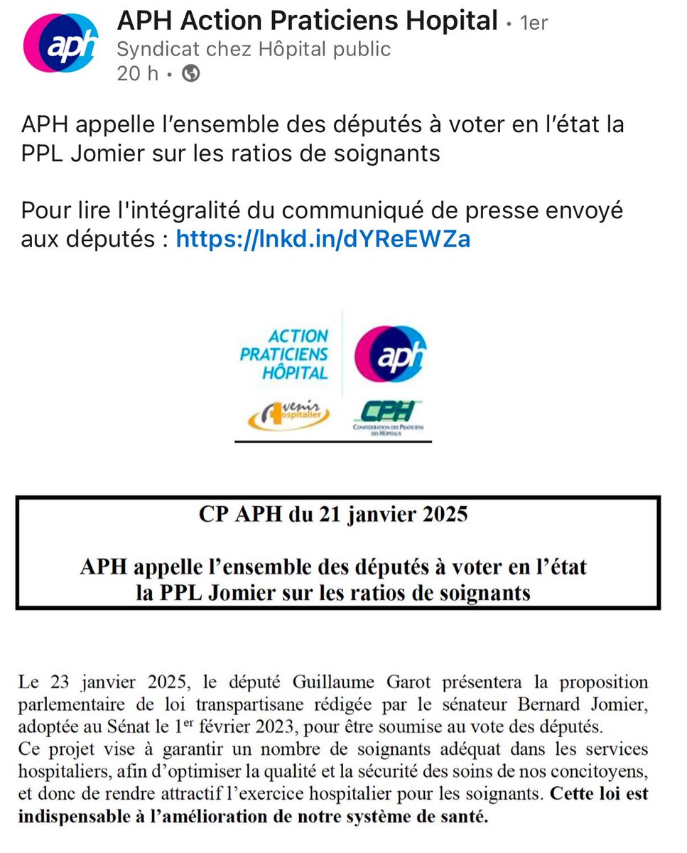 Le 23 /01/ 2025, le député Guillaume Garot présentera la proposition de loi rédigée par le sénateur Bernard Jomier, adoptée au Sénat le 1er février 2023 -&gt;garantir un nombre de soignants adéquat dans les services hospitaliers,  aph-france.fr/APH-appelle-l-…   <a href="/BernardJomier/">Bernard Jomier</a>