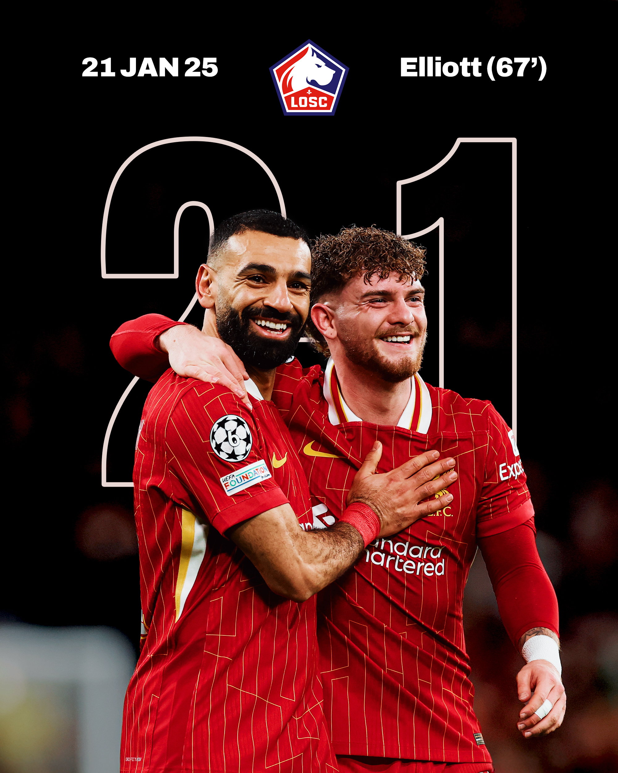 Graphic of Liverpool's 2-1 home win vs Lille, using photography of Harvey Elliott celebrating his goal in the fixture.