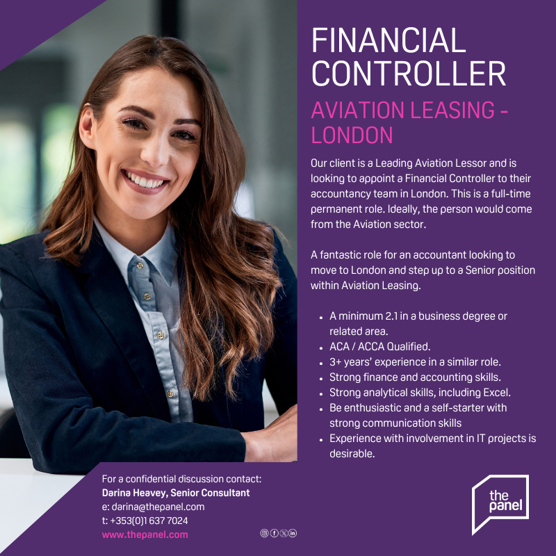 ThePanelDublin's tweet photo. Financial Controller role is currently available with our client, a leading #Aviation Lessor who is looking to appoint an experienced professional to their accountancy team in #London.
For more information, contact Darina at darina@thepanel.com
#jobfairy #financialcontroller https://t.co/gCemY7NSXQ