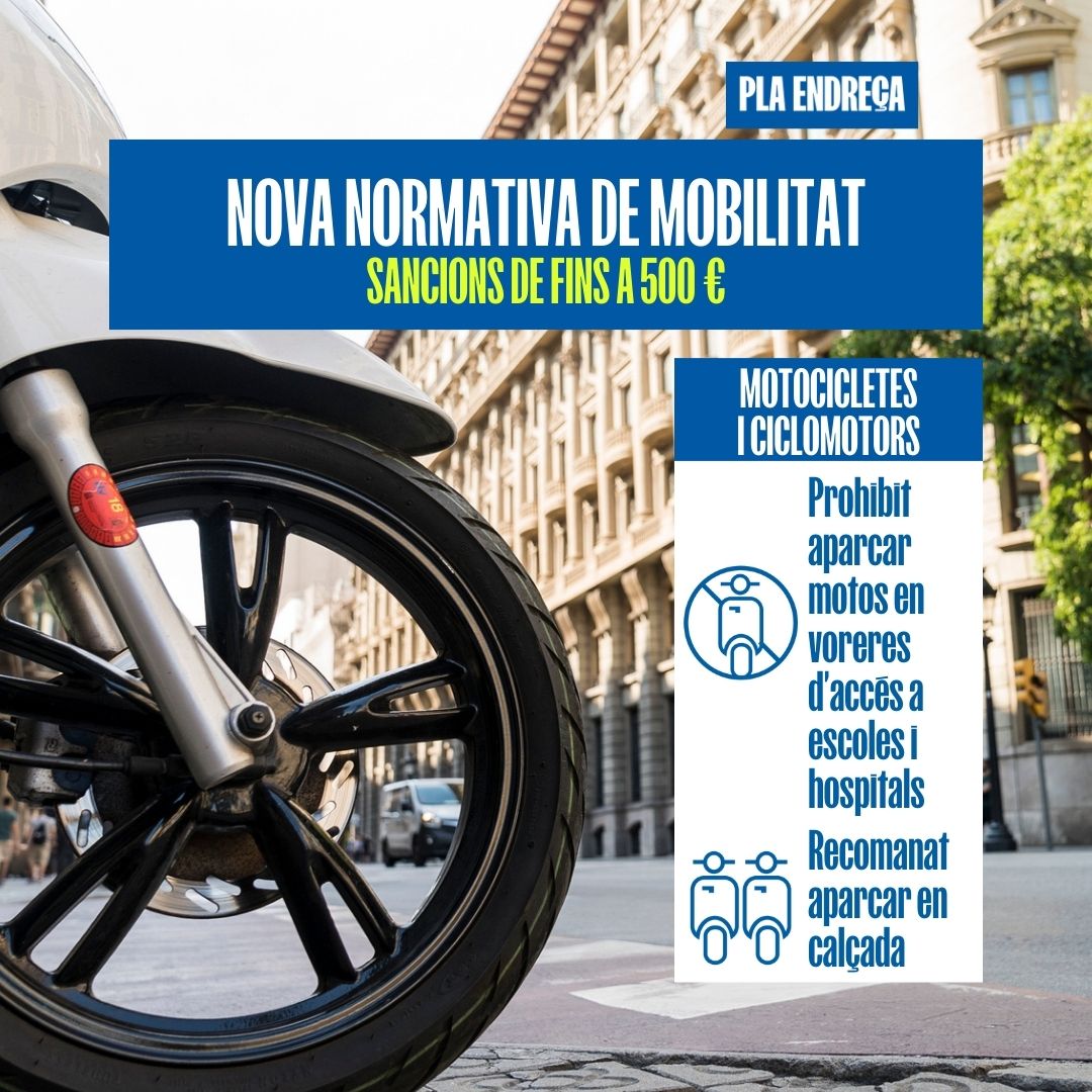Et desplaces amb moto? L'1 de febrer de 2025 entren en vigor les sancions, de fins a 500 €, de la nova ordenança de circulació.

🔶Cal aparcar a la calçada

Prohibit:
🔶Anar pels carrils taxi/bus i bici
🔶Estacionar a voreres d'entorns escolars o d'hospitals

#PlaEndreça