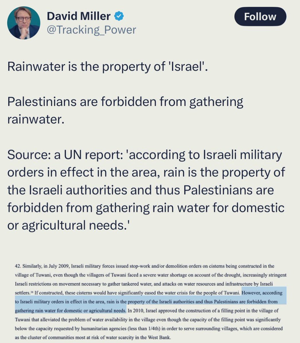 Sarah Wilkinson (@swilkinsonbc) on Twitter photo This from <a href="/Tracking_Power/">David Miller</a>, probably one of the most absurd, inhumane, supremacy nonsense ever scribed: no one owns rain, not even the israelis This from <a href="/Tracking_Power/">David Miller</a>, probably one of the most absurd, inhumane, supremacy nonsense ever scribed: no one owns rain, not even the israelis