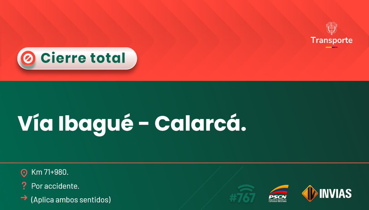 ¡Buenos días!

#NovedadVial en el departamento de #Tolima, se reporta cierre total en el km 71+980  #EnDesarrollo

Trabajamos para mantenerte informado.