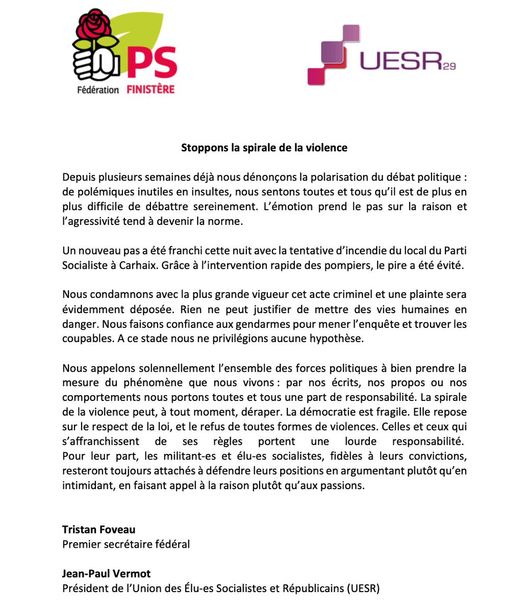 🌹Stoppons la spirale de la violence 

Communiqué commun de <a href="/TristanFoveau/">Tristan Foveau</a> pour la fédération du #finistère du <a href="/partisocialiste/">Parti socialiste</a> et de <a href="/JeanPaulVermot/">JeanPaulVermot</a> pour  l’ <a href="/UESR29/">UESR 29</a>  suite à la tentative d’incendie du local de #Carhaix