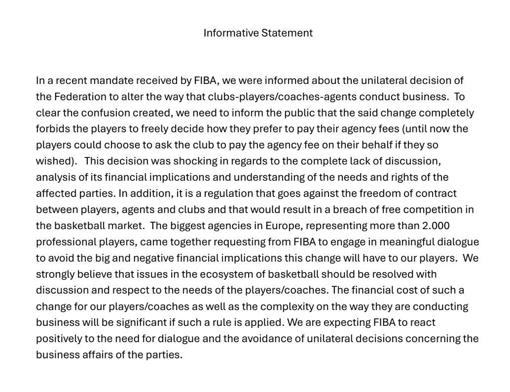 Joint Statement of the Biggest Agencies in Europe regarding the recent <a href="/FIBA/">FIBA Basketball</a> announcements about Players-Coaches-Clubs-Agents Contractual Context