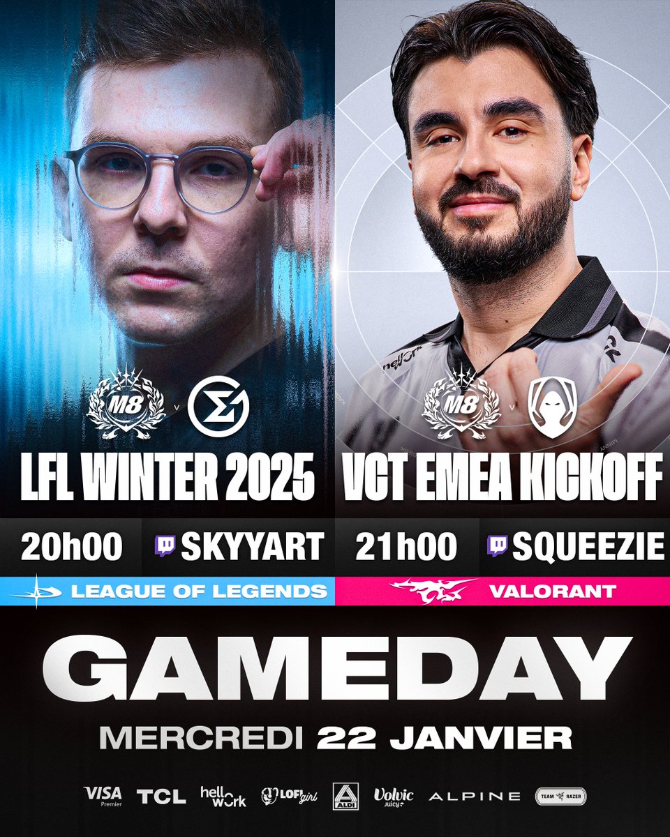 C'est une très belle journée qui nous attend 👏

Le retour de la LFL à 20h avec Skyyart et Doigby au cast, puis on enchaine sur Valorant à 21h #M8WIN