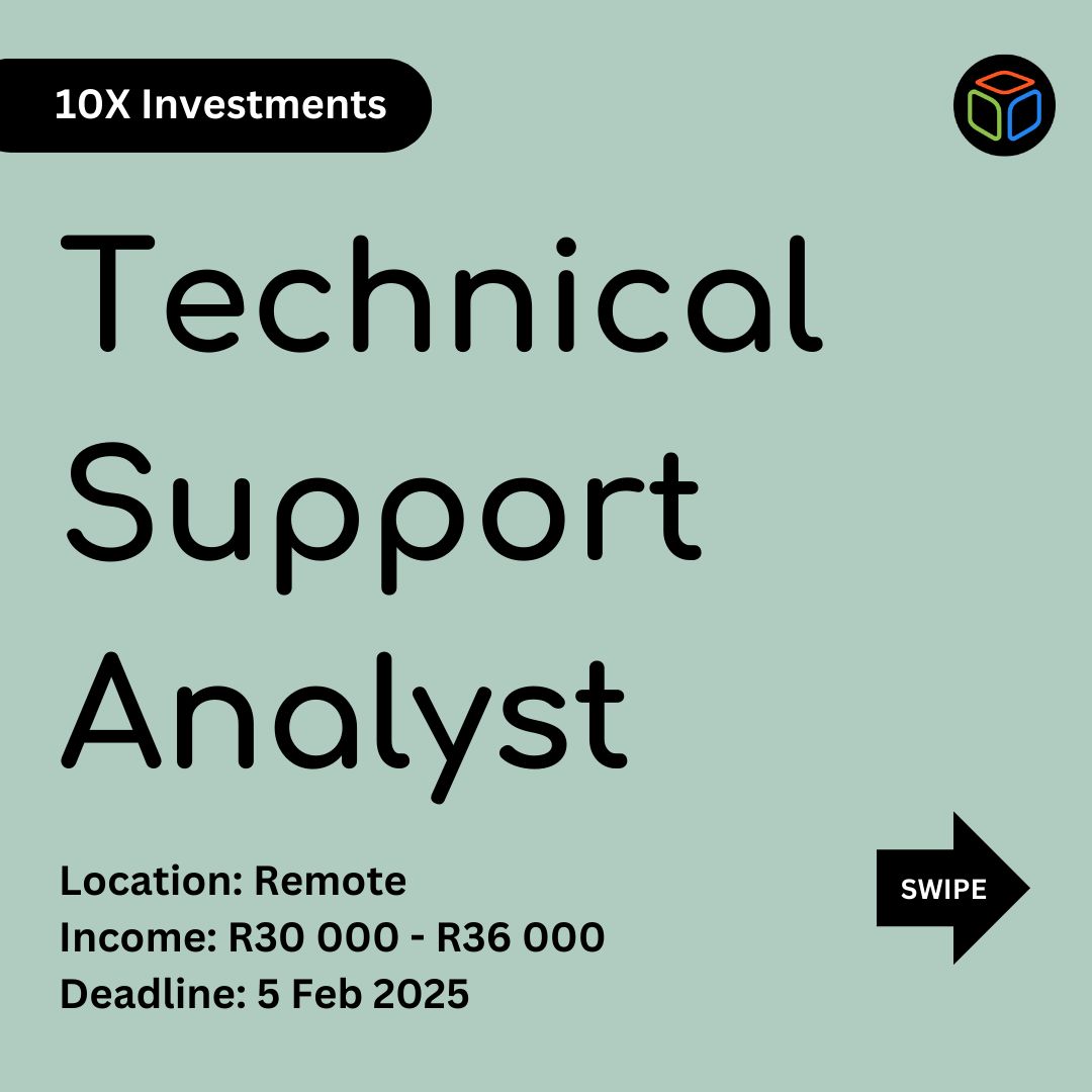 JoboxZA's tweet image. 🚨 VACANCY! 🚨

💼 Position: Technical Support Analyst

🏢 Company: 10x Investments

⌛️ Deadline: 5 February, 2025

Sound interesting? Head over to apply (LINK BELOW) 👇 

#jobox #JobSeekersSA #JobVacancy #SouthAfrica #ApplyNow