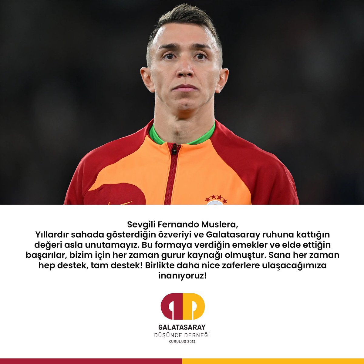 GSDD2013's tweet photo. Sevgili Fernando Muslera,
Yıllardır sahada gösterdiğin özveriyi ve Galatasaray ruhuna kattığın değeri asla unutamayız. Bu formaya verdiğin emekler ve elde ettiğin başarılar, bizim için her zaman gurur kaynağı olmuştur. Sana her zaman hep destek, tam destek! Birlikte daha nice zaferlere ulaşacağımıza inanıyoruz! 💛❤️

@1_Muslera_25