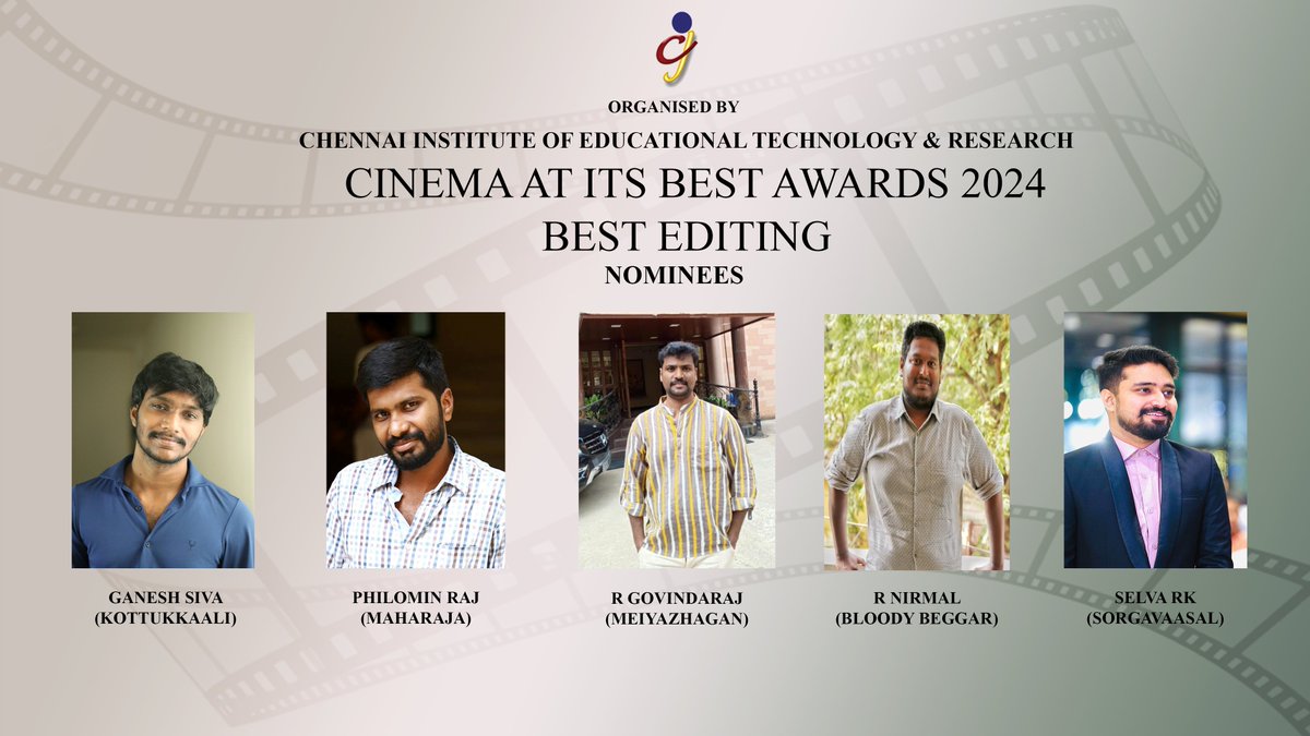 #CAIBAWARDS2024

#BESTEDITING  #NOMINEES

<a href="/thecutsmaker/">Ganesh Siva</a>   #Kottukkaali  

<a href="/philoedit/">Philomin Raj</a>   #Maharaja  

<a href="/R_Govindaraj/">R Govindaraj</a>   #Meiyazhagan  

<a href="/Nirmalcuts/">Nirmal@editor</a>   #BloodyBeggar  

<a href="/EditorSelva/">Selva RK</a>   #SorgaVaasal