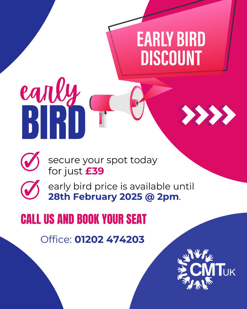 Mark your calendars!
CMTUK Annual Conference 2025 is happening on Saturday, 10th May 2025, in Stafford.

Take advantage of our early bird offer and secure your spot for just £39!

Don’t wait too long—reserve your place today and join us in exploring the future of CMT!