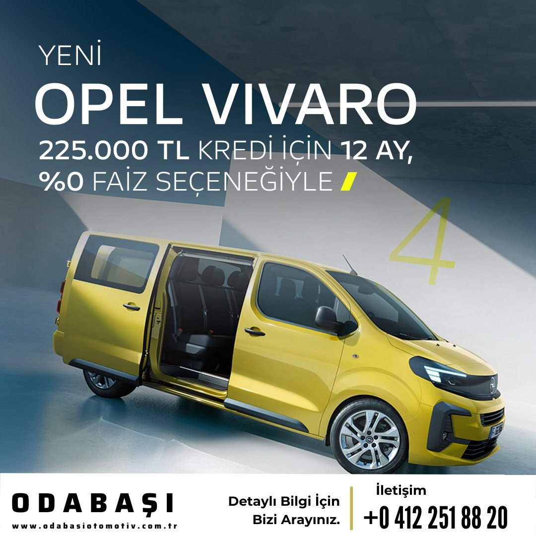 #OpelVivaro Ticaretin yeni enerjisi.

*Kampanya 1-31 Ocak 2025 tarihleri arasında geçerlidir.

Detaylı bilgi için; 0 (412) 251 88 20

#opel #opelticariaraç #ticariaraçlar #opelodabaşı