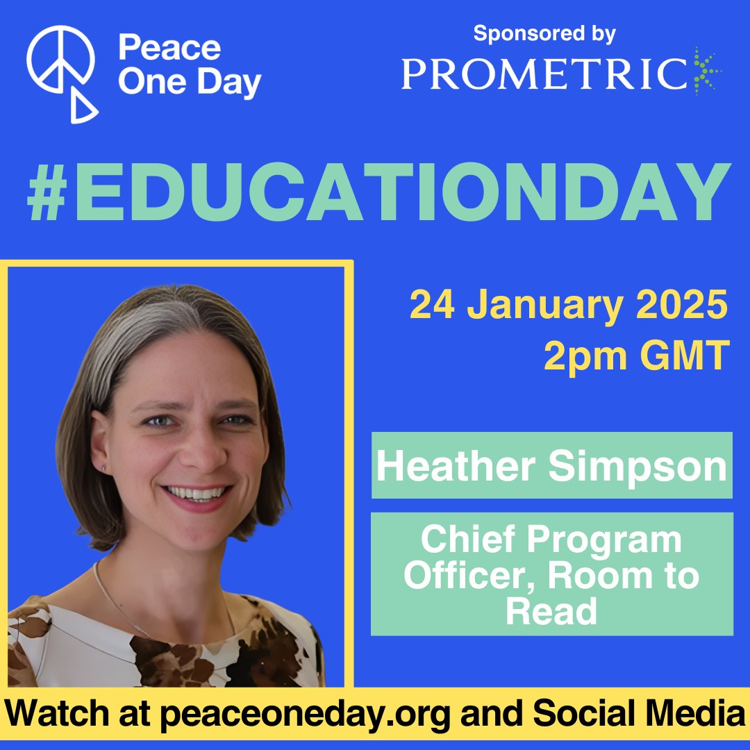 Peace Day (@peaceday) on Twitter photo Peace One Day is proud to announce that Heather Simpson, Chief Program Officer, Room to Read, will be participating in #EDUCATIONDAY, 24 January 2025, The United Nations International Day of Education.
Visit peaceoneday.org for more info.
<a href="/PrometricGlobal/">Prometric Global</a>
#24January Peace One Day is proud to announce that Heather Simpson, Chief Program Officer, Room to Read, will be participating in #EDUCATIONDAY, 24 January 2025, The United Nations International Day of Education.
Visit peaceoneday.org for more info.
<a href="/PrometricGlobal/">Prometric Global</a>
#24January
