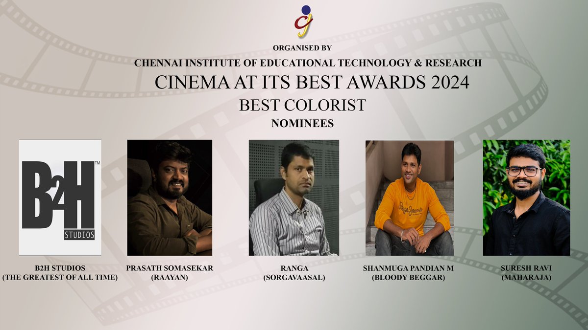 Cinema at its Best (@cinemaatitsbest) on Twitter photo #CAIBAWARDS2024
#BESTCOLORIST #NOMINEES
<a href="/B2H_Studios/">B2H Studios</a> #TheGreatestofAllTime
<a href="/prasathcolors/">prasath</a> #Raayan
RANGA #SorgaVaasal
<a href="/SpmShamm/">Shamm Spm</a> #BloodyBeggar
<a href="/sureshcolorist/">Suresh Ravi</a> #Maharaja #CAIBAWARDS2024
#BESTCOLORIST #NOMINEES
<a href="/B2H_Studios/">B2H Studios</a> #TheGreatestofAllTime
<a href="/prasathcolors/">prasath</a> #Raayan
RANGA #SorgaVaasal
<a href="/SpmShamm/">Shamm Spm</a> #BloodyBeggar
<a href="/sureshcolorist/">Suresh Ravi</a> #Maharaja