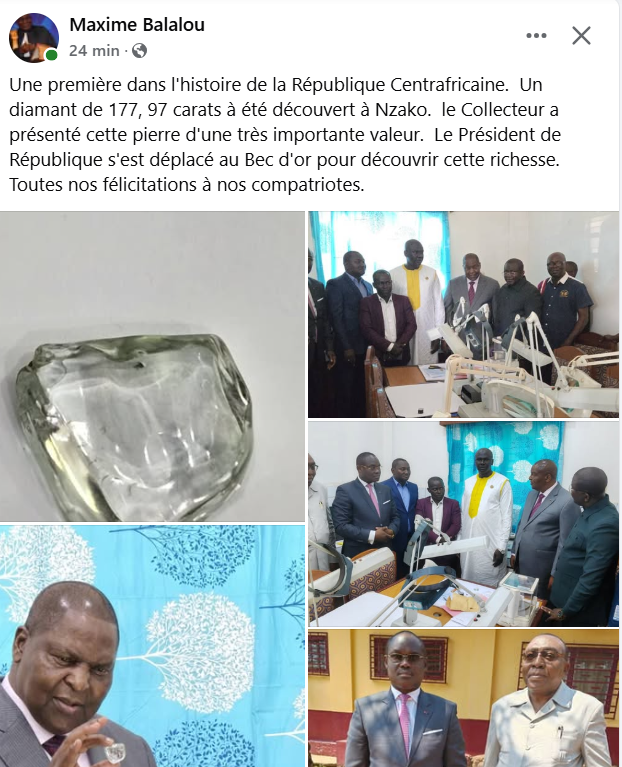 #BreakingNews: Un diamant de 177,97 carats a été découvert à Nzako. Le collecteur a présenté cette pierre précieuse au président, qui s'est rendu au Bec d'Or pour admirer cette richesse, selon le PP du Gvt ! #RCA #Diamant #Nzako
<a href="/GazamBetty/">Christian Gazam Betty 🇨🇫</a>