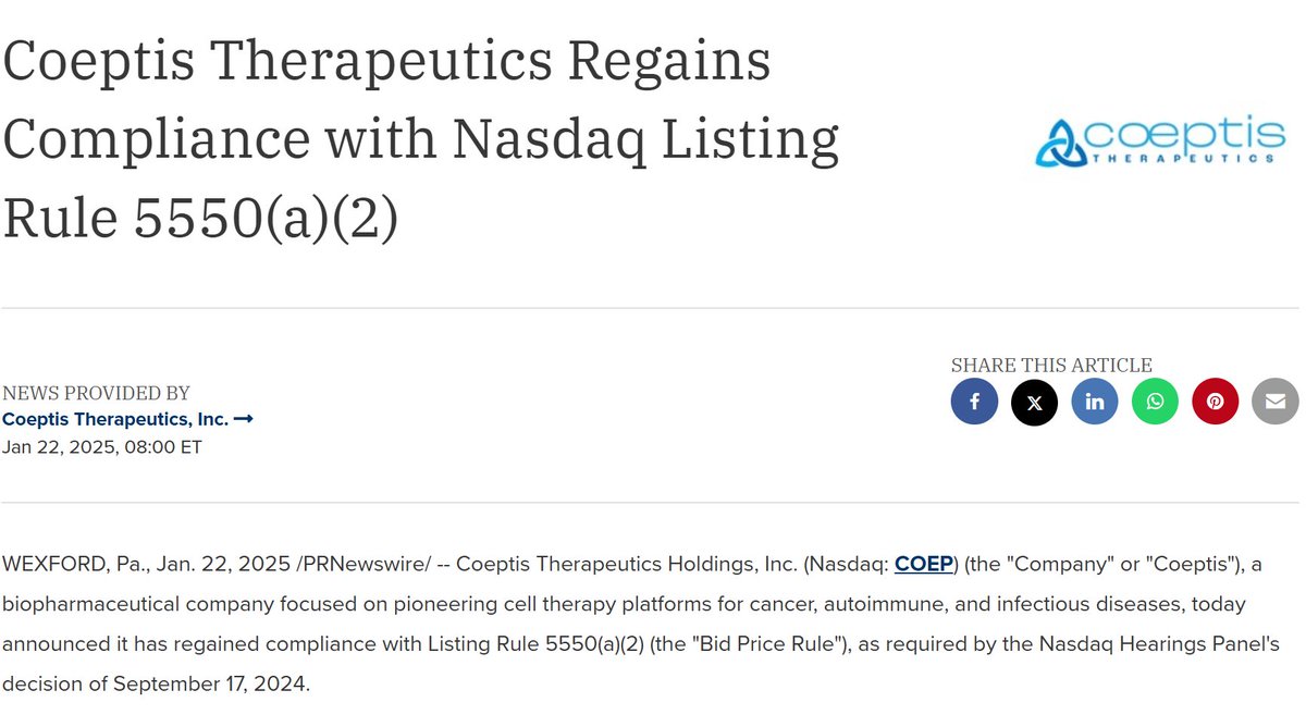 $COEP NEWS! <a href="/coeptistx/">COEPTIS</a> Coeptis Therapeutics Regains Compliance with Nasdaq Listing Rule 5550(a)(2) prn.to/4jt4YSG <a href="/Nasdaq/">Nasdaq</a> #NEWS