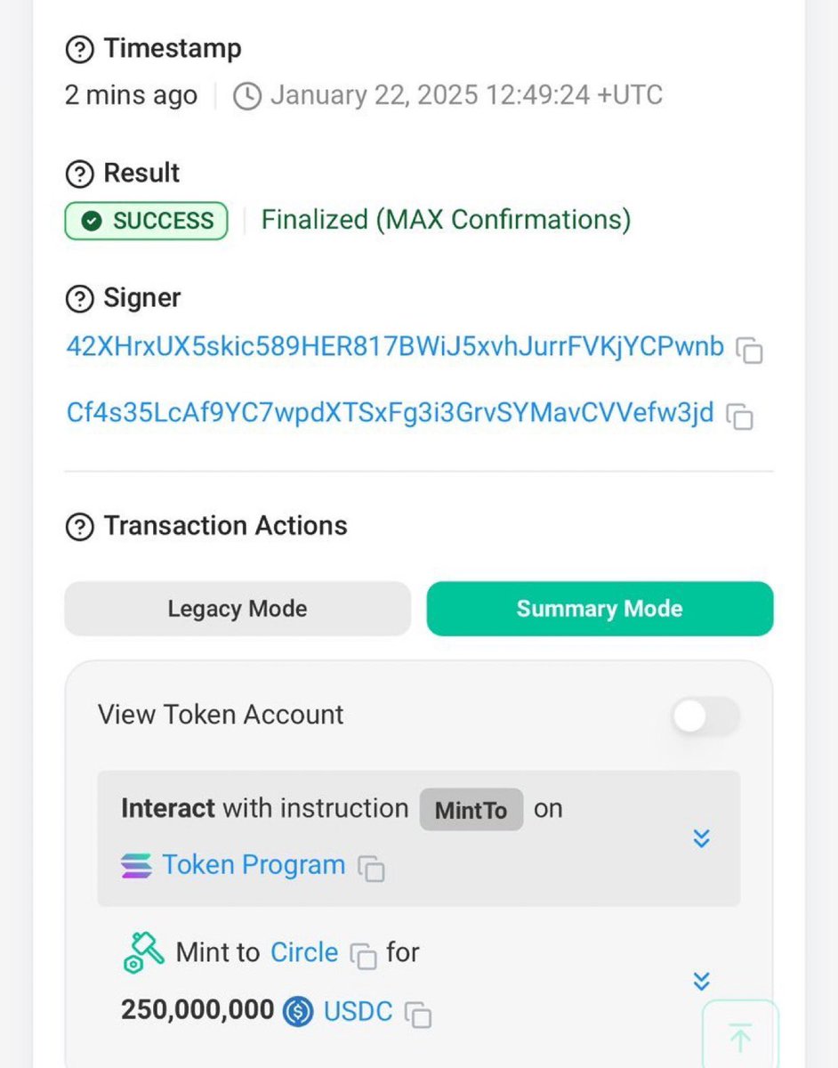 KingAnt's tweet photo. LATEST 🕵️‍♂️ : Circle mints $250M $USDC on SOLANA

Bringing total minting to $4.2B in just 22 days.

The $TRUMP effect is real🚀 https://t.co/wzahxn0DSz