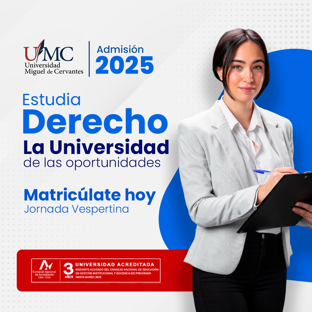 ¡Estudia la carrera de Derecho en la Universidad de las Oportunidades! ✨ 

✅ Pregunta por nuestras becas y beneficios. 
✅ No exigimos PAES. 

📲 Ingresa ahora a admision.umcervantes.cl y comienza a construir tu camino al éxito. 🚀
