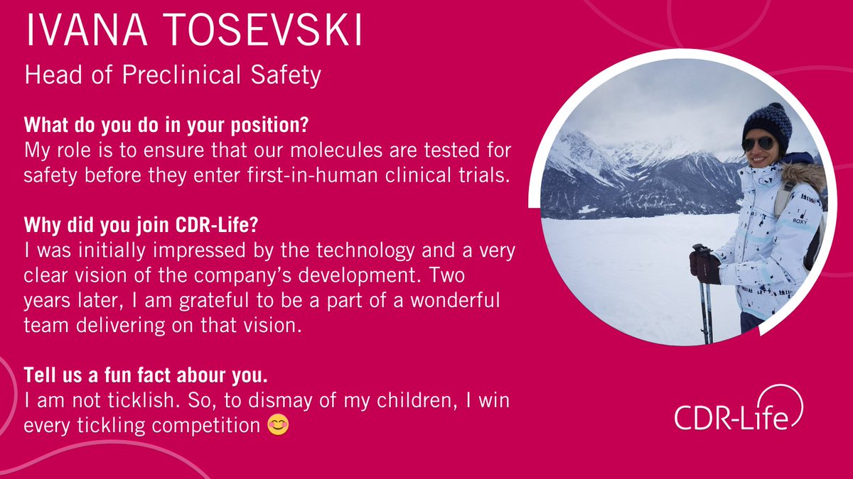 Meet Ivana Tosevski, our Head of Preclinical Safety! Ivana plays a crucial role in ensuring the safety of our molecules before they advance to clinical trials. 

Thank you, Ivana, for being an integral member of the CDR-Life family!  Learn more about us at cdr-life.com