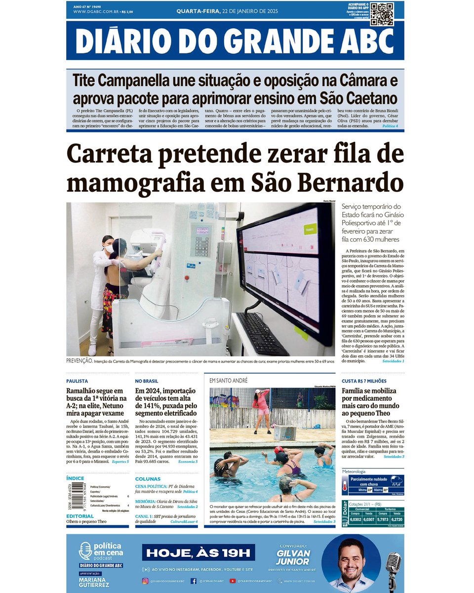 DGABC's tweet photo. Confira as principais notícias desta quarta-feira, 22 de janeiro de 2025. Acesse https://t.co/dvSntdHWfd para mais reportagens e informações da região. #capadodia #dgabc #regiao #grandeabc #santoandre #saobernardo #saocaetano #diadema #maua #ribeiraopires #riograndedaserra https://t.co/cwSVYUKkZo