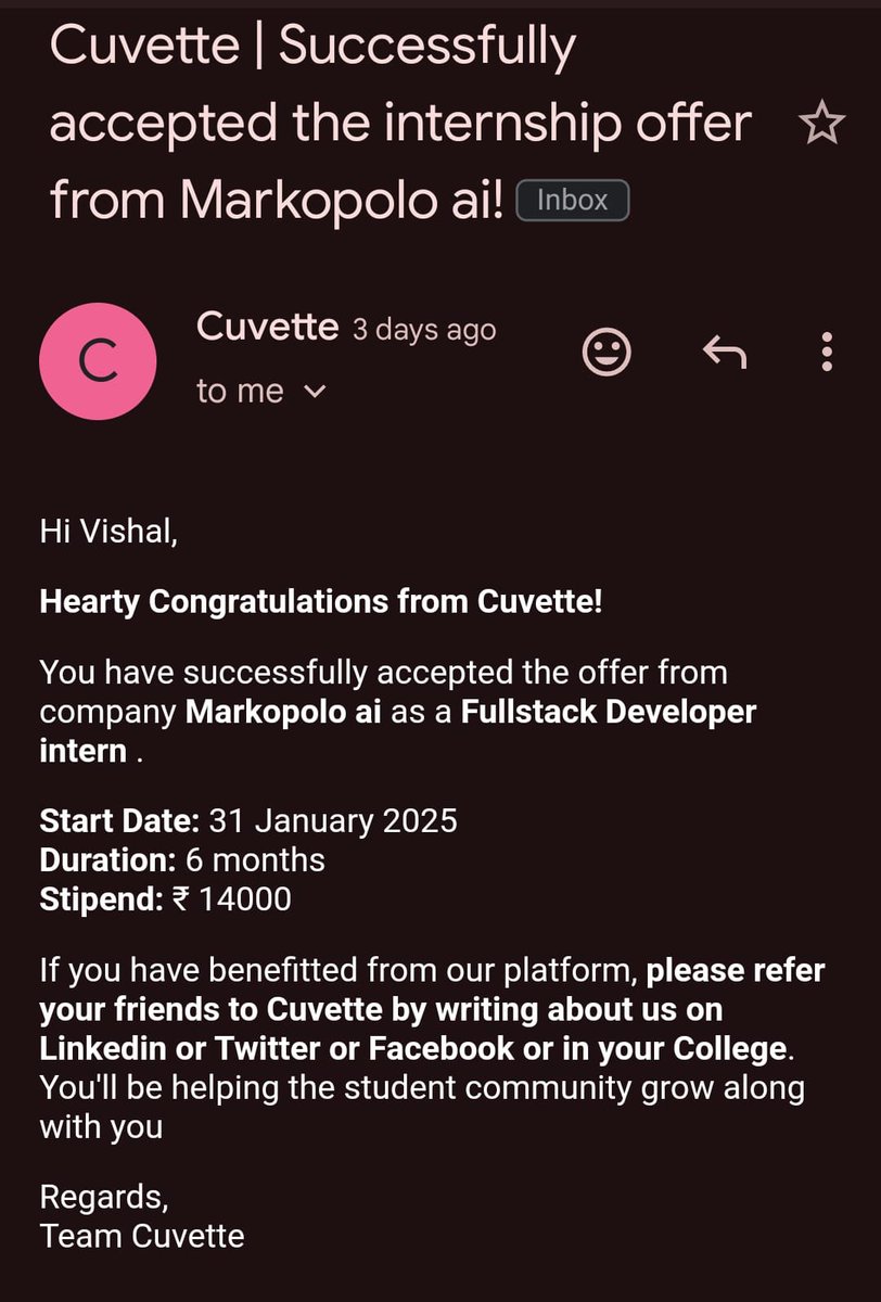 gincode18's tweet image. 🚀 Excited to share that I’ve received an offer for the Fullstack Developer Intern position at Markopolo AI 

✨ Huge thanks to @kirat_tw @100xDevs @piyushgarg_dev @Hiteshdotcom @cuvette_tech