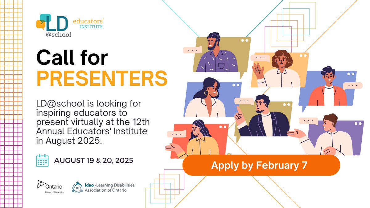 LDatSchool's tweet photo. Educators inspire educators! ๐ Submit a proposal to present your expertise and strategies at #LDInstitute 2025 and empower Ontario teachers to support students with #LDs.
๐
Deadline: Feb 7. #LDatschool #LDAO
Submit here: https://t.co/mfSrBRhf1H https://t.co/VrnbBNO81o