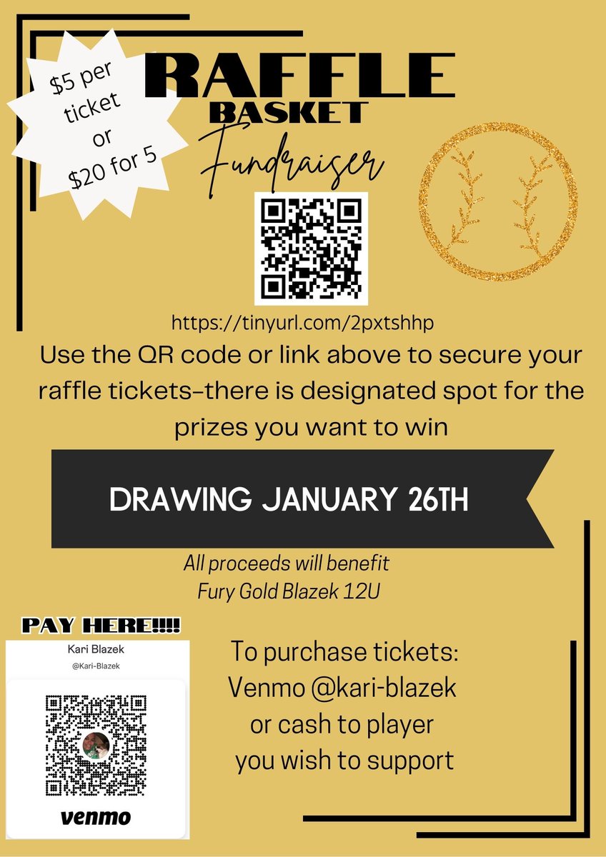 Help support Fury Gold 12u Blazek! Great prizes in this raffle:  Fury Gold Five Day Raffle Proceeds will surpport Fury Gold-Blazek and will contribute to team costs. We appreciate you!!