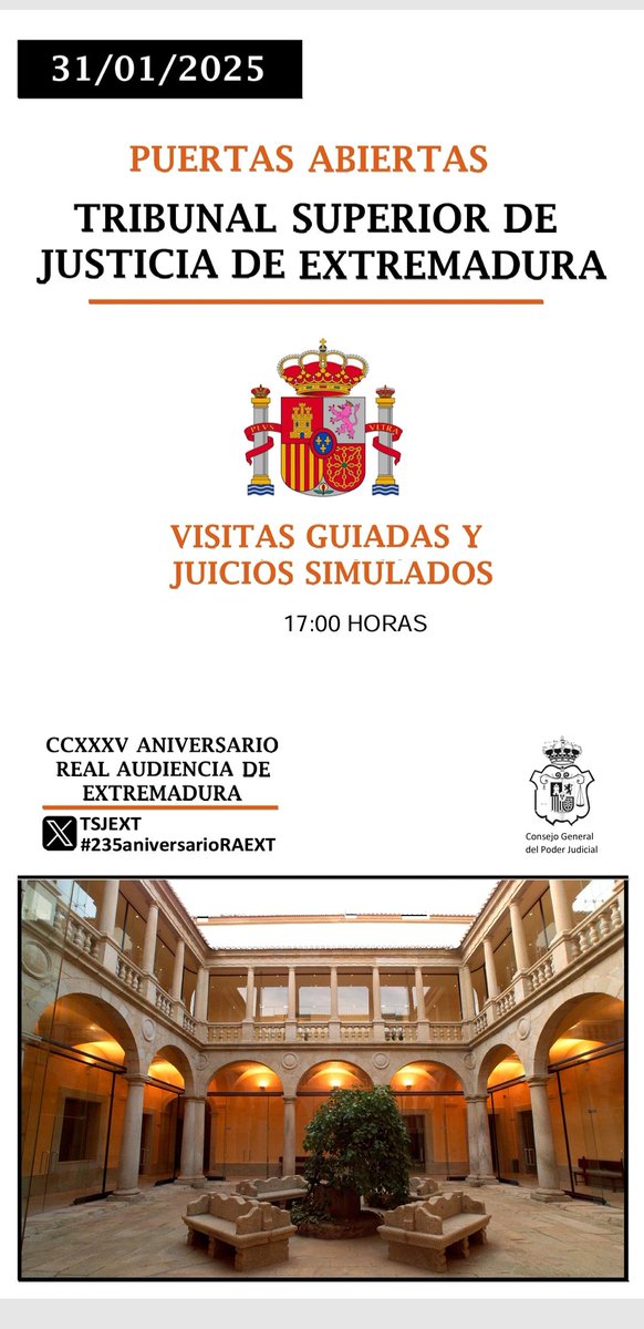 31 de enero a las 17 horas. Primera Jornada de Puertas Abiertas del Tribunal  Superior de Justicia de Extremadura.

Visitas guiadas al Palacio de Justicia del <a href="/TSJEXT/">TSJ Extremadura</a>,  juicios simulados y encuentros con magistrados constituyen el programa
#235aniversarioRAEXT
#CáceresPatrimonio