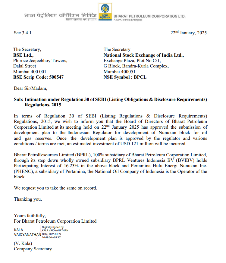 arbindtiwariT's tweet photo. #BPCLimited board approves submission of development plan to the indonesian regulator for development of Nunukan block for oil & gas reserves. The block will incur an estimated investment of $121 million
- BPCL holds 16.23% participating interest in Nunukan block https://t.co/Pbvd87VkNA