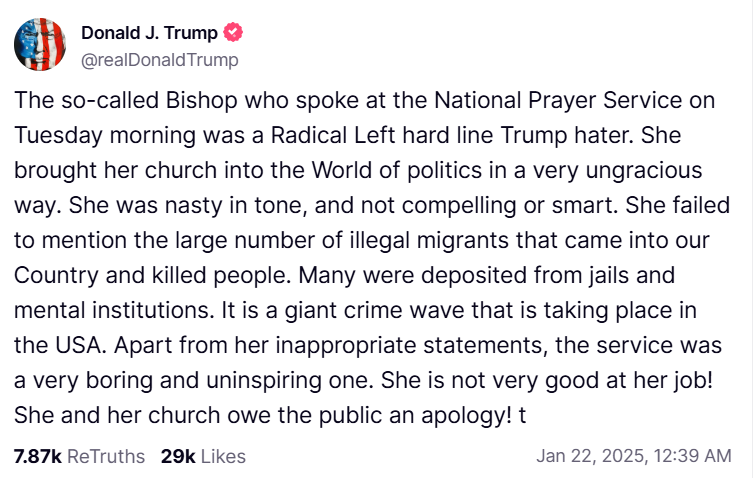 GregTSargent's tweet photo. Trump exploded in fury at Bishop Marian Budde on Truth Social a little after midnight, calling her a "hater."

As we argue on today's pod, there is nothing MAGA despises more than appeals to decency and humanity.

https://t.co/bIf8GB5JS1 https://t.co/sGMmI9hJRo
